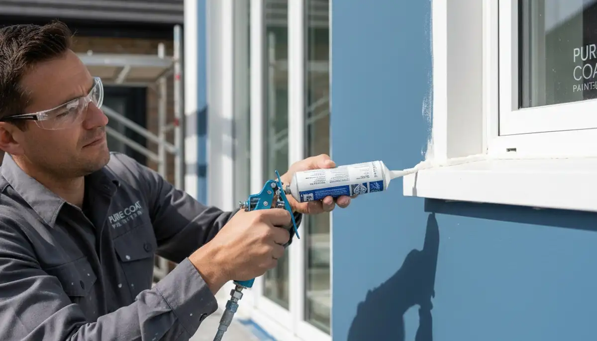 Professional house painter applying exterior caulking and sealing in Naperville, IL for weatherproof protection