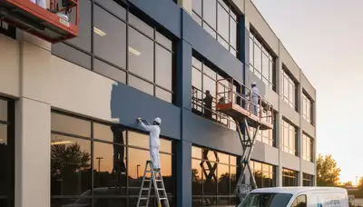 Professional commercial painters working on office exterior in Naperville, IL