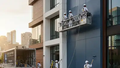 Professional commercial painters working on an office building exterior in Naperville, IL