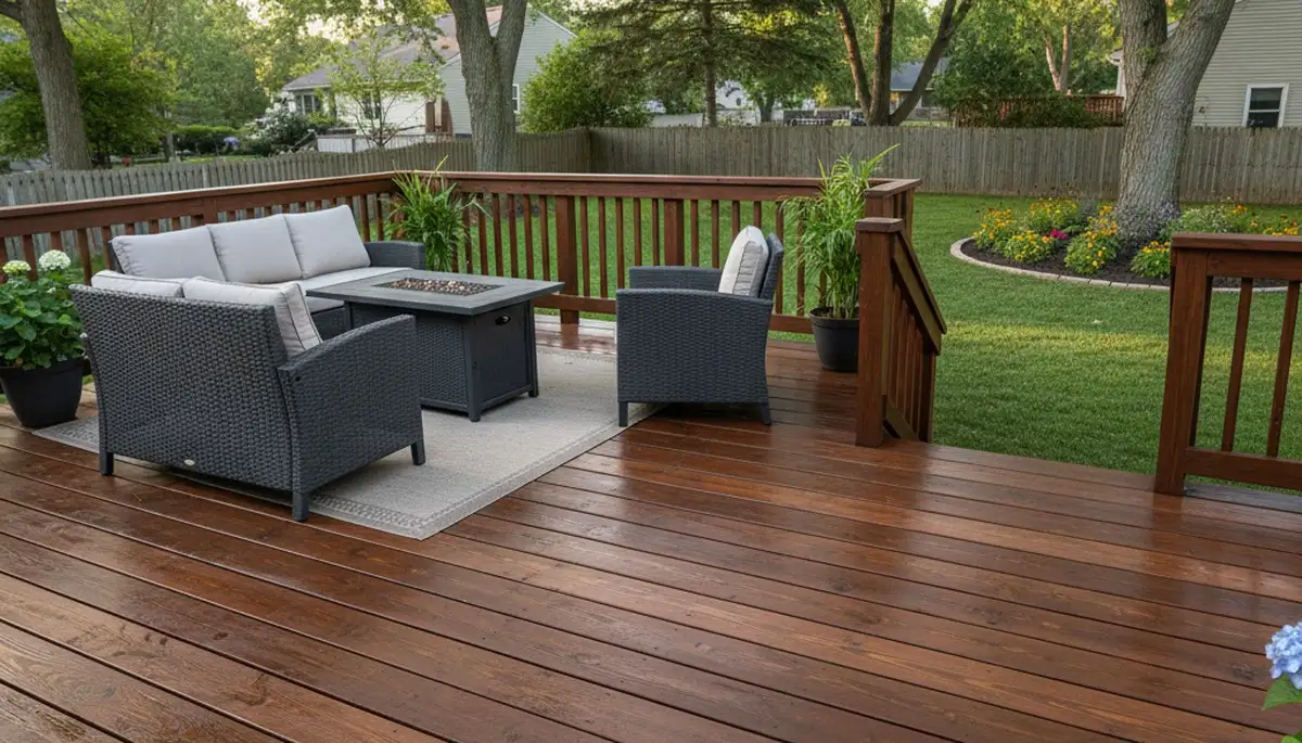 Finished deck staining in Naperville IL highlighting rich wood tones and weather-resistant professional finish