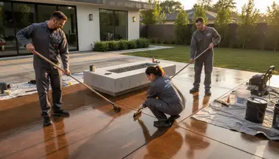 Professional concrete staining on residential patio by house painters in Naperville, IL