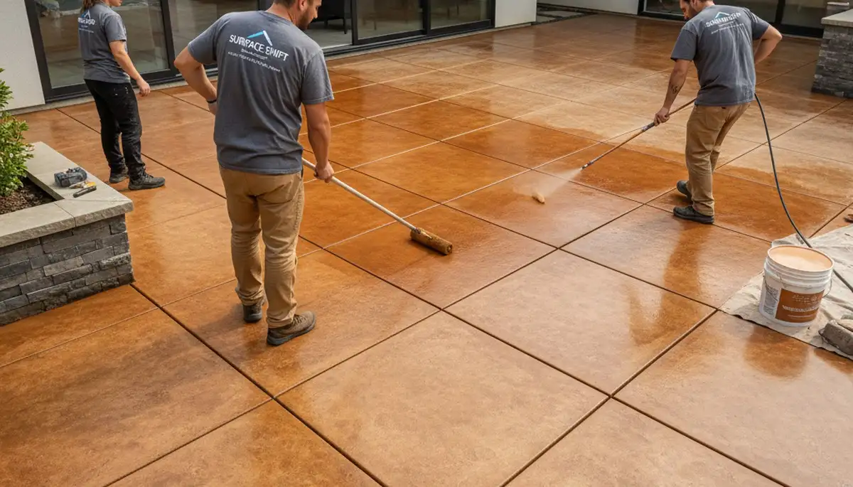 Professional concrete staining by house painters in Naperville, IL transforming patio and driveway surfaces