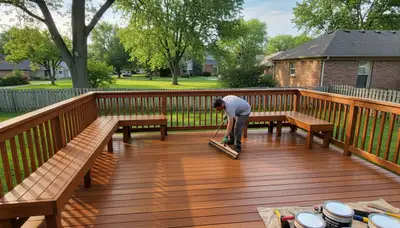 Professional painter applying weather-resistant deck stain on wood surface in Naperville, IL