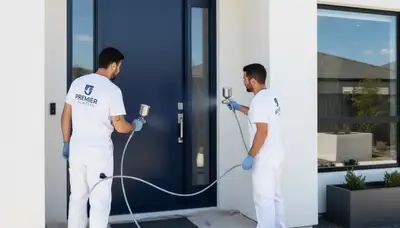 Professional painter refinishing front door in Naperville, IL for durable, weather-resistant finish