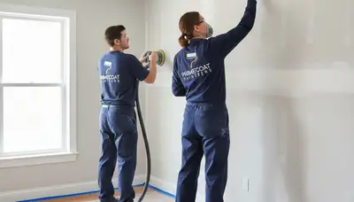Drywall repair experts fixing wall cracks in a Naperville IL home interior