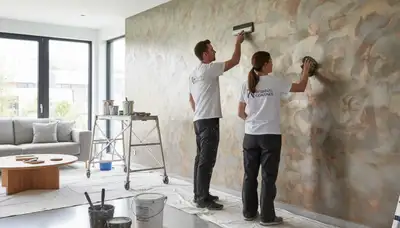 Painter applying faux finish on interior wall in Naperville, IL home by paintersnapervilleil.com