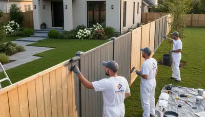 Professional fence painters coating wood fence in Naperville, IL for durable, weather-resistant finish