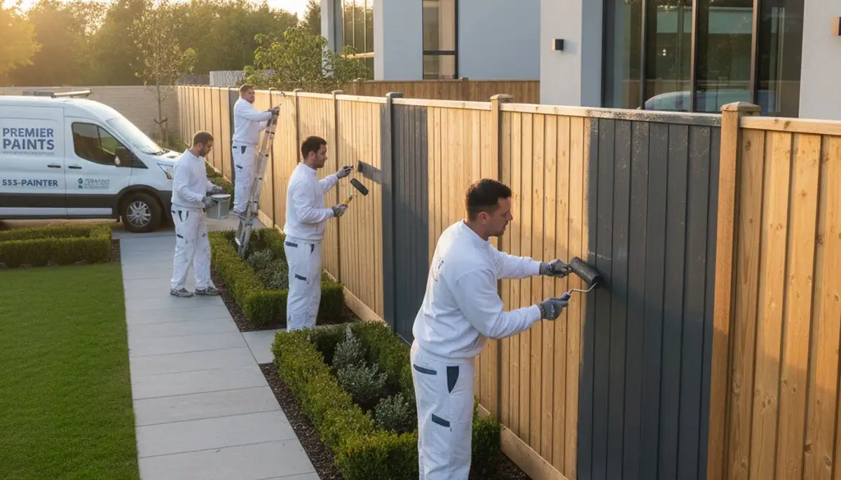 Professional fence painters staining wood fence in Naperville, IL for long-lasting weather protection