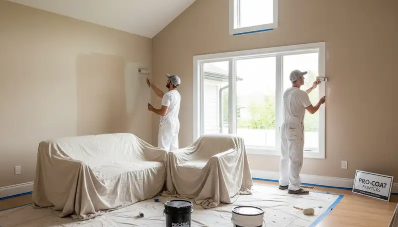 Professional interior house painters working in Naperville IL living room with fresh color finish