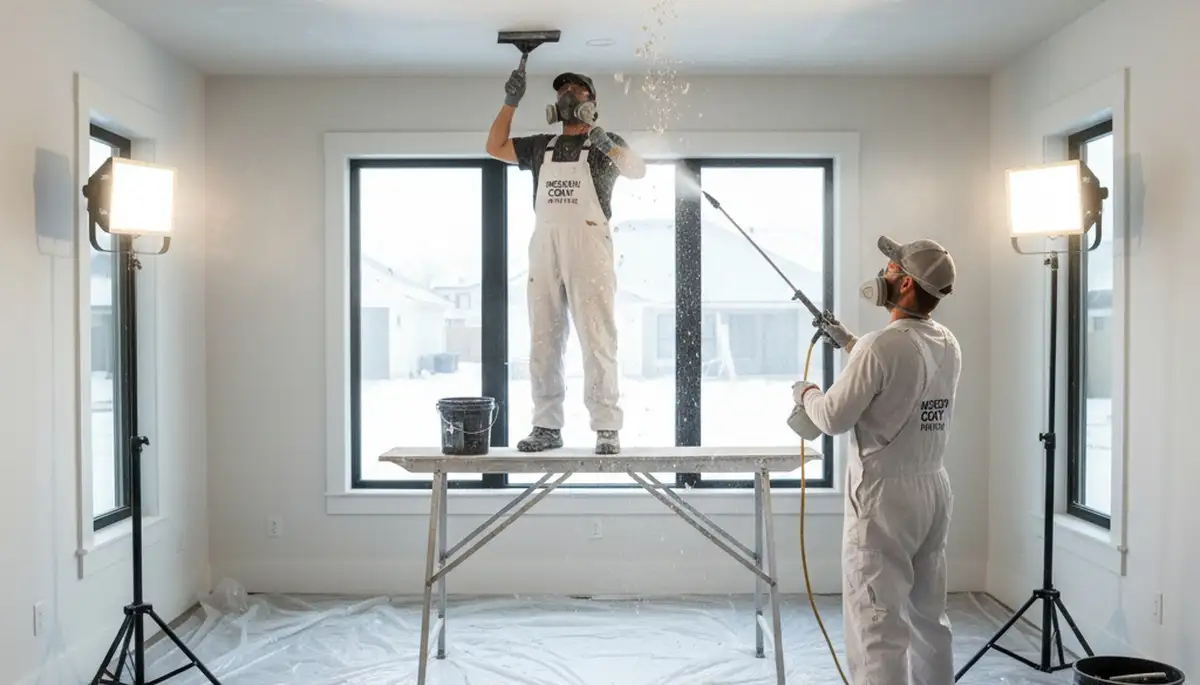 Professional popcorn ceiling removal for Naperville, IL home, creating smooth modern white ceilings