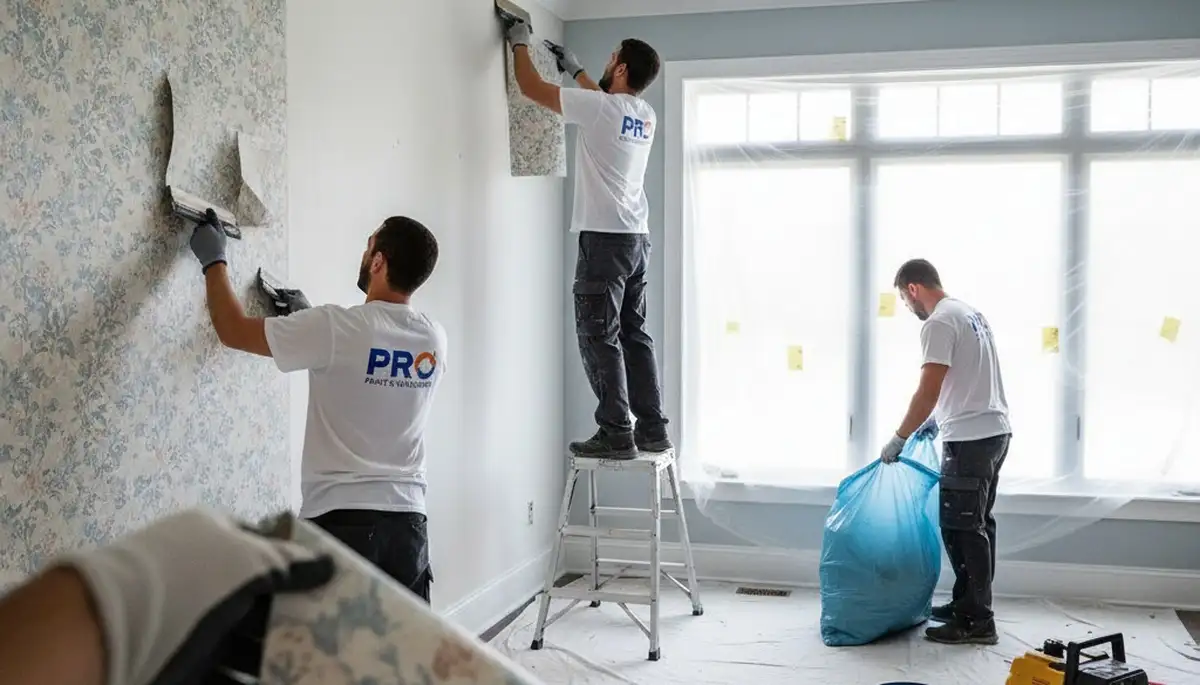 Professional wallpaper removal service in Naperville IL by expert house painters preparing walls for paint